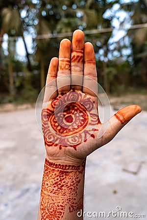 Portrait view of drawn mehndi on the hand of beautiful Bangladeshi girl close up Stock Photo