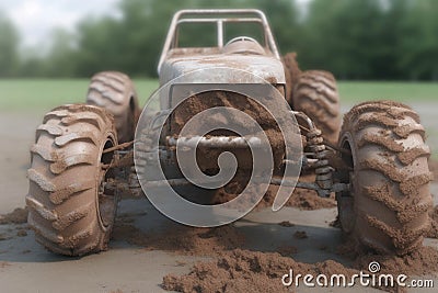 A portrait view of a offroad racing car with mud splattered all over it surrounded by clouds of dirt and gravel. Speed Stock Photo