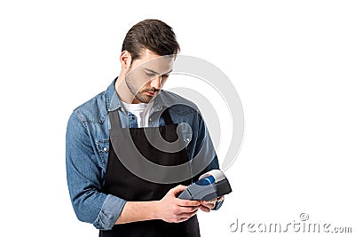 portrait of waiter in apron with cardkey reader in hands Stock Photo