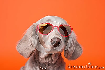 Portrait Weimaraner Dog With Sunglasses Orange Background Stock Photo