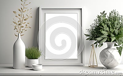 Portrait white picture frame mockup on vintage bench, table. Modern ceramic vase with dry grass. White wall background. Stock Photo