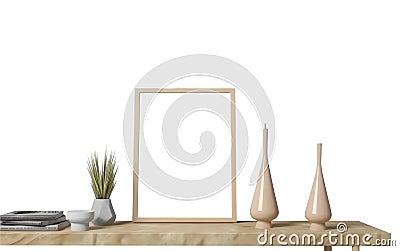 Portrait white picture frame mockup on vintage bench, table. Modern ceramic vase with dry grass. White wall background. Stock Photo