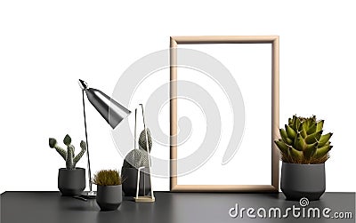 Portrait white picture frame mockup on vintage bench, table. Modern ceramic vase with dry grass. White wall background. Stock Photo