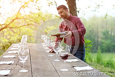 Portrait of wine producer pouring red wine Stock Photo