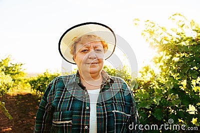 portrait of winemaker woman with hat looking at camera at sunset. Stock Photo