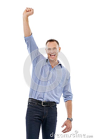 Portrait, winner and celebration of business man in studio isolated on a white background. Winning, achievement and Stock Photo