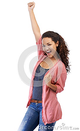Portrait, winner and success celebration of woman in studio isolated on a white background mock up. Winning, achievement Stock Photo