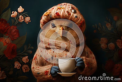 Portrait of wise bird cartoon character in autumn outfit holding cup of tee coffee on dark blooming flowers background Stock Photo