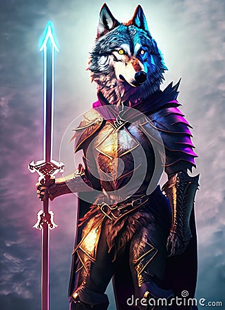 Portrait of a wolf knight in armor and a sword on a dark background Stock Photo