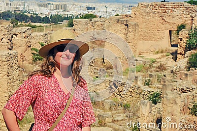 Portrait of a woman against the ruins of Carthage Stock Photo