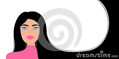 Portrait of woman. Beautiful lady, female. Black long hair. Young girl face. Brunette hairstyle. Avatar for social networks. Pink Vector Illustration