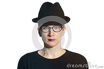 Portrait of woman with black hat and glasses Stock Photo