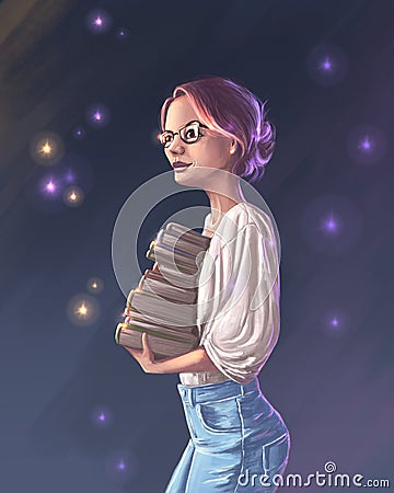 Portrait of a woman with books Cartoon Illustration