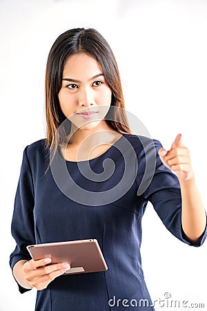 Portrait woman business Hold the tablet on a white background Stock Photo