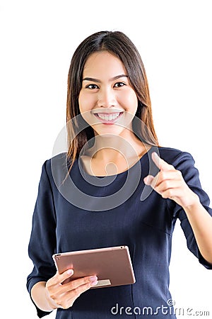 Portrait woman business Hold the tablet on a white background Stock Photo