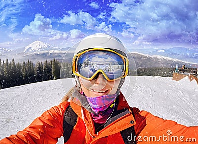 Portrait of woman in Carpathian mountains, Bukovel Stock Photo