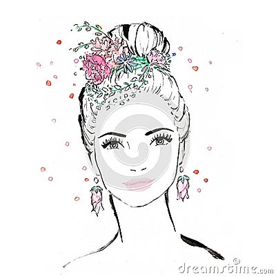 Portrait of woman / girl with flowers in het hair - fashion illustration / beauty Vector Illustration