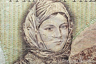 a woman, girl in local traditional costume of Greece from the reverse side of 1000 one thousand Greek Drachmas Drachmai Stock Photo