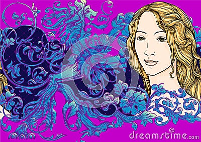 Portrait of a woman inspired by a painting by Renaissance artist Botticelli. Vector Illustration