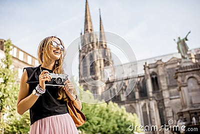 Woman traveling in Clermont-Ferrand city in France Stock Photo