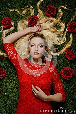 Portrait of woman in red dress laying in grass with roses Stock Photo