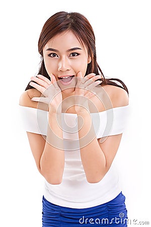 Portrait of woman speaking, shouting, communicating, telling to you Stock Photo