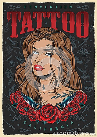 Portrait woman tattooist colorful poster Vector Illustration