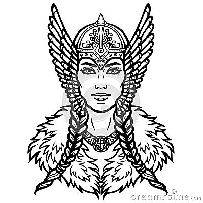 Portrait of the woman of the Valkyrie. Linear drawing. Vector Illustration