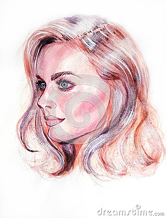 Portrait of a woman in watercolor and white paint. Stock Photo