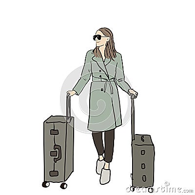 woman wearing sunglasses and over coat with two suitcases smiling and walking. Color Drawing minimal style Stock Photo