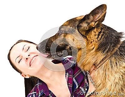 Portrait of a woman who licks German Shepherd Stock Photo