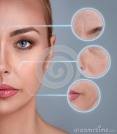 Portrait of woman with zooming detail of skin Stock Photo