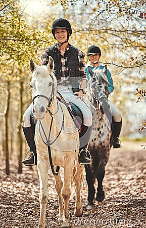 Portrait, women and horses in a forest, happiness and woods with animal care, stallion and countryside. Adventure, pets Stock Photo