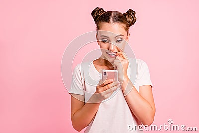 Portrait of wondered, shocked, surprised lady in white t-shirt l Stock Photo