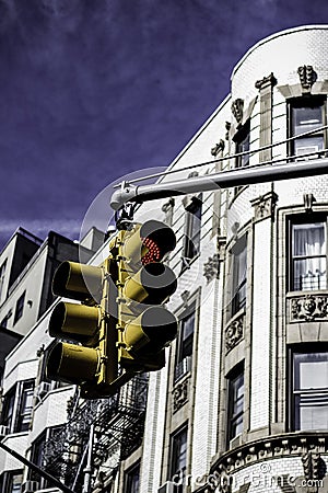 Abstract Street Light intersection portrait with purple blue sky`s and white architecture building background Stock Photo