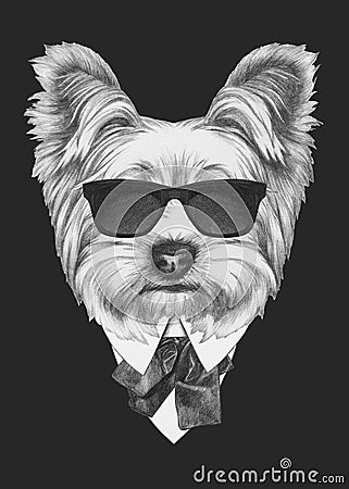 Portrait of Yorkshire Terrier in suit. Cartoon Illustration