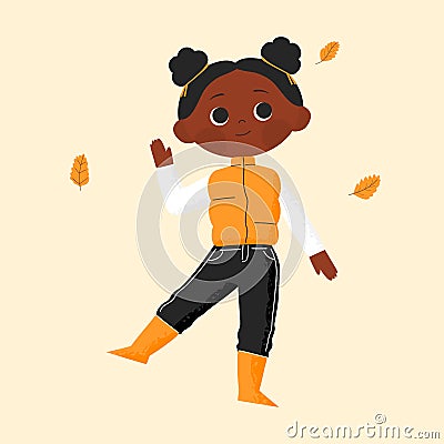 Portrait young african american Girl in Autumn background with fall clothes. Happy pupils returning to school in autumn. Hand Vector Illustration