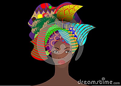 Portrait of the young African woman in a colorful turban. Wrap Afro fashion, Ankara, Kente, kitenge, African women dresses animal Vector Illustration