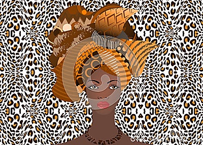 Portrait of the young African woman in a colorful turban. Wrap Afro fashion, Ankara, Kente, kitenge, African women dresses. Vector Illustration