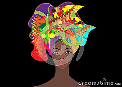 Portrait of the young African woman in a colorful turban. Wrap Afro fashion, Ankara, Kente, kitenge, African women dresses. Vector Illustration