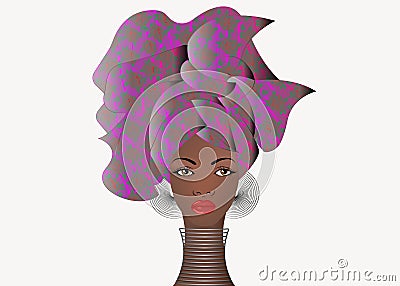 Portrait of the young African woman in a colorful turban. Wrap Afro fashion, Ankara, Kente, kitenge, African women dresses. Vector Illustration