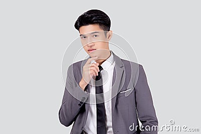 Portrait young asian business man in suit with smart thinking idea isolated on white background. Stock Photo