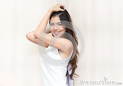 Portrait young Asian pretty business woman smiling and sleek hair, looking camera Stock Photo