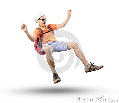 Portrait of young asian traveler man floating mid air with crazy Stock Photo