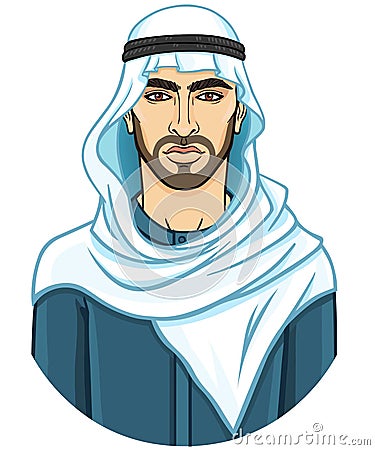 Portrait of the young attractive Arab man in a keffiyeh. Vector Illustration