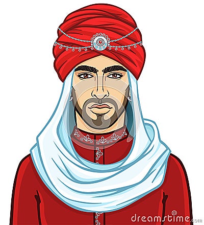 Portrait of the young attractive Arab man in a turban. Vector Illustration