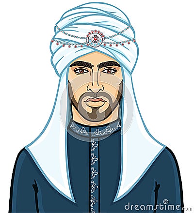 Portrait of the young attractive Arab man in a turban. Vector Illustration