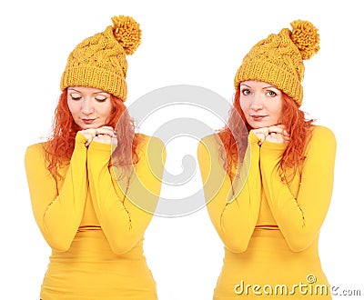 Portrait of young attractive emotional woman in yellow hat Stock Photo