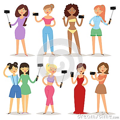 Portrait young attractive woman taking selfie photo on smartphone hipster beauty cartoon girls photograph characters Vector Illustration