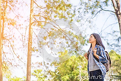Portrait of young backpacker woman Stock Photo